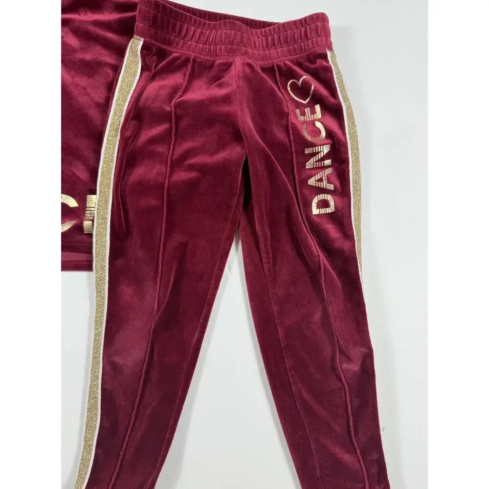 Justice Active Girls Velour Dance Hoodie Jogger Set Burgundy Gold Glitter Size 7